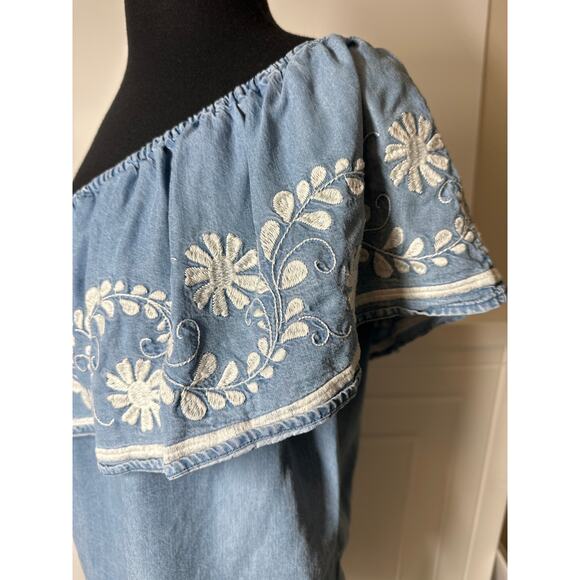 Rebecca Minkoff Rita Denim Chambray One Shoulder Embroidered Blouse Top Blue S - Picture 6 of 12